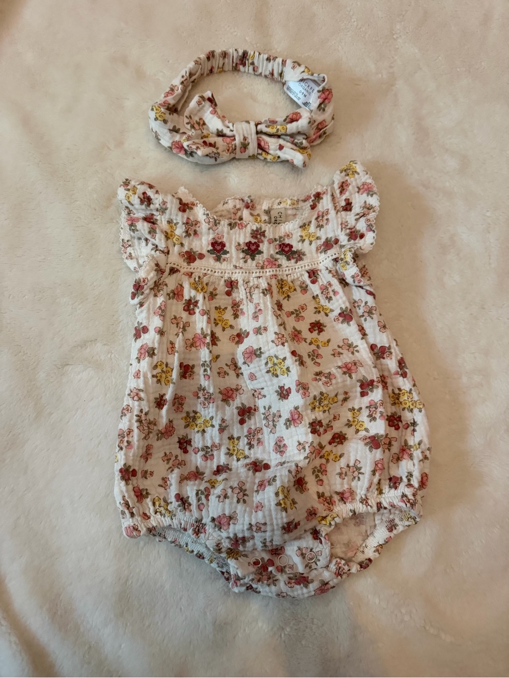 Chickpea Organic Cream Floral Baby Headband & Romper - Pink & Yellow Flowers